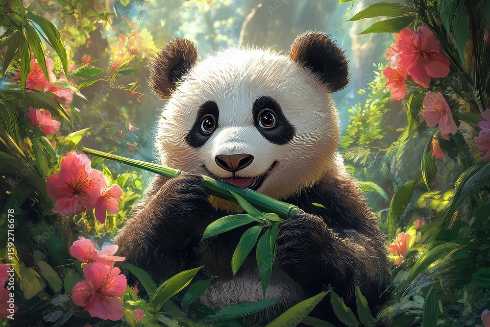 Obraz premium A cheerful panda munching on bamboo, surrounded by lush greenery and colorful flowers