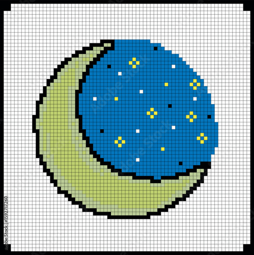 Moon and stars in a blue sky. Vector illustration, pixel