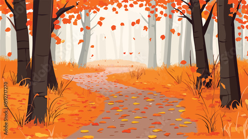 Scenic Autumn Forest Path with Orange Leaves - Fall Walk