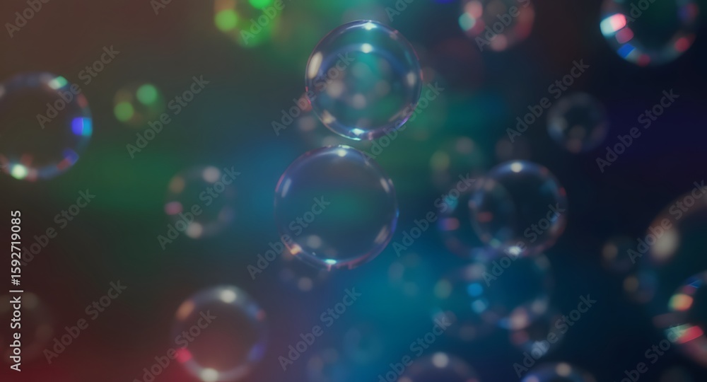 Fototapeta premium Transparent soap bubbles floating against a blurred multicolored background with light reflections and an ethereal atmosphere.