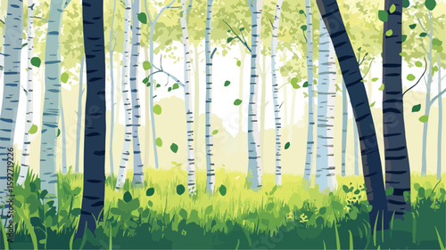 Birch Forest in Springtime: Fresh Green Landscape with Trees and Foliage
