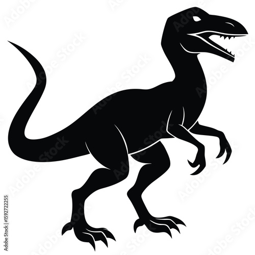 Black velociraptor silhouette dinosaur white background