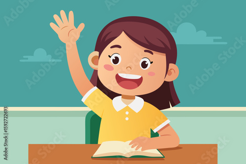 A girl raises her hand eagerly — excitement and confidence in her eyes