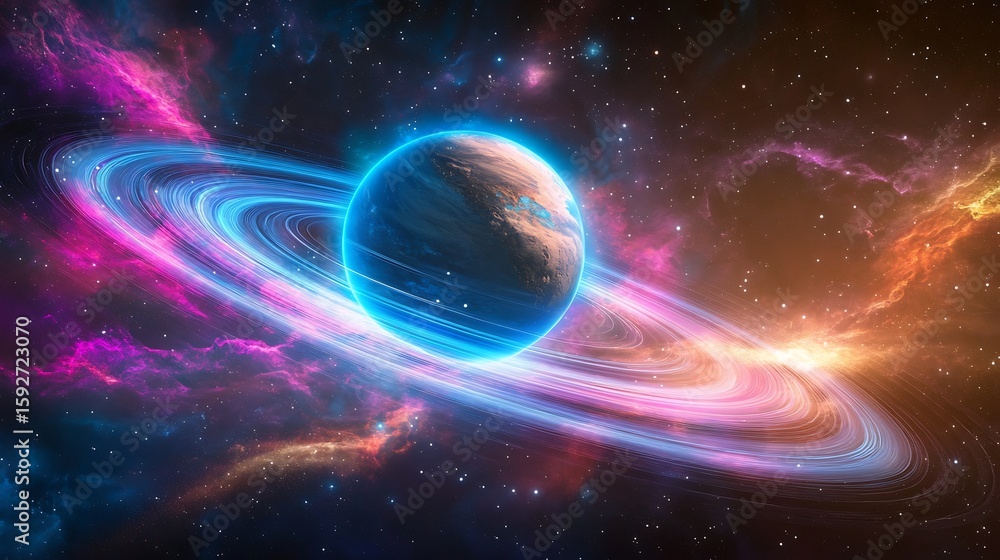 Obraz premium Majestic Planet with Glowing Rings in Vibrant Cosmic Space