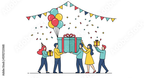 People gather together to celebrate a special occasion holding gifts and balloons under festive decorations