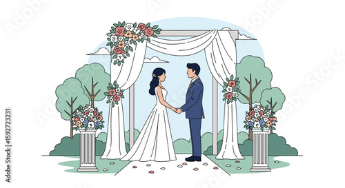 Romantic couple exchange vows under a beautifully decorated wedding archway surrounded by lush green trees and blooming flowers on their special day