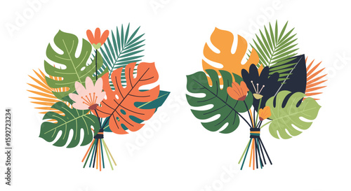 Vibrant tropical floral arrangements with exotic palm leaves and colorful blooms for summer decor and design