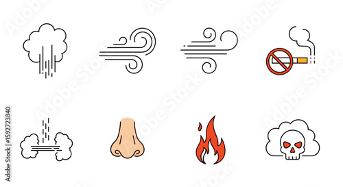Collection of icons representing air pollution and smells including wind smoke and a nose