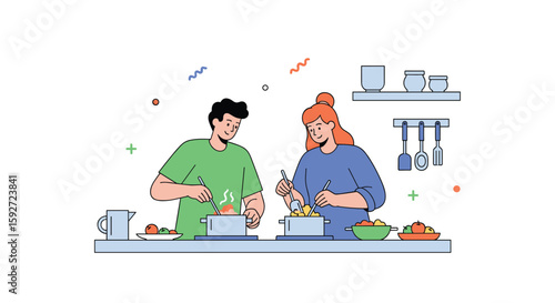 Couple cooking together enjoying delicious meal preparation in the kitchen