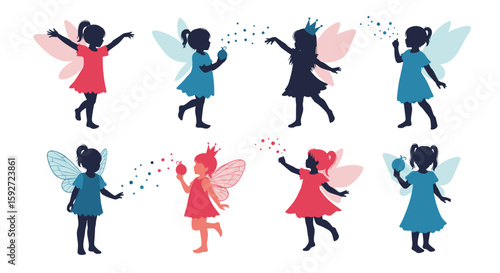 Collection of little girls dressed as fairies spreading magical glitter dust around