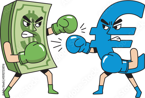 Cartoon dollar and euro symbols boxing, representing currency conflict.