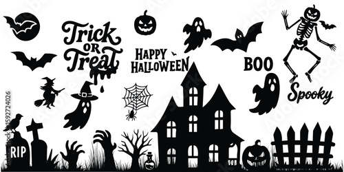 Halloween haunted house silhouette with bats and pumpkins. A big bundle of halloween haunted house silhouette set. vector illustration perfect for halloween project.Collection of halloween bats eps 10