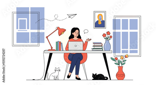 Illustrative image depicts a woman working remotely from her home office with a laptop on a desk.