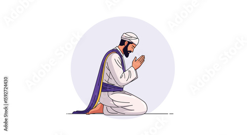 Man in traditional clothing kneeling in prayer with hands clasped in devotion