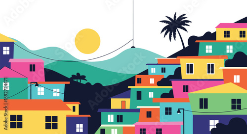 Colorful latin american community hillside houses under the bright sun and palm trees
