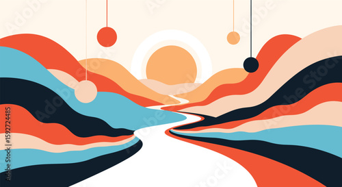Vibrant abstract landscape with flowing river and floating orbs under a setting sun