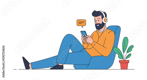 Modern man relaxing on beanbag chair listening to music and using mobile phone illustration