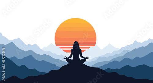 Serene woman meditating on mountain peak against stunning sunset over layered peaks