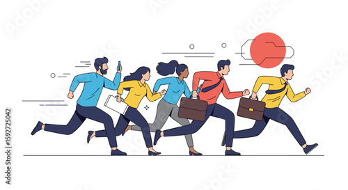 Diverse group of professionals rushing towards a common goal with determination and speed