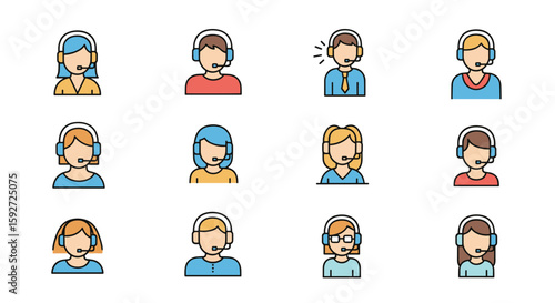 Diverse customer support team members wearing headsets providing assistance and communication services