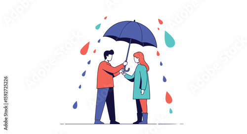 Two people sharing an umbrella together in the rain during a stormy day
