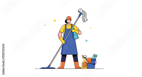 Professional cleaner ready to tackle your toughest messes with mop and bucket