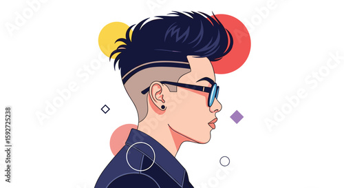 Modern pixel art portrait of a stylish person with unique hairstyle and accessories