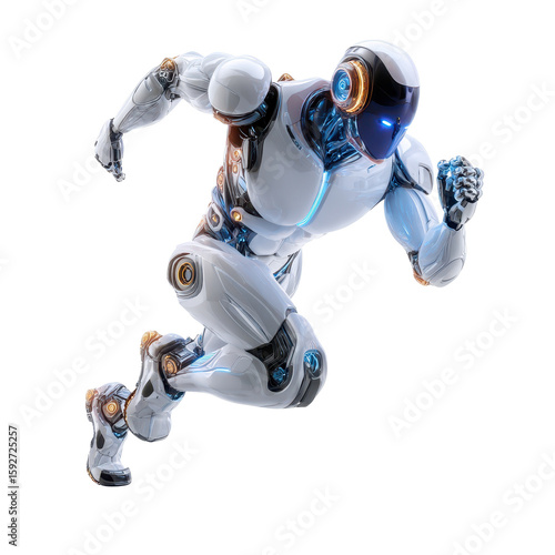 Futuristic robot athlete running at high speed in a dynamic pose showcasing advanced technology and design
