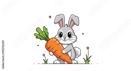 Adorable baby rabbit holding a large carrot in a cute garden setting with wildflowers and grass