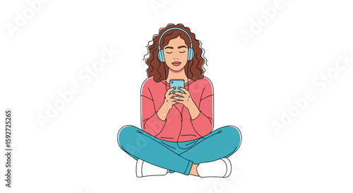 Young woman enjoying music through headphones while using her smartphone indoors