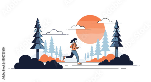 Woman jogging through a serene forest with tall pine trees and an orange sun in the sky