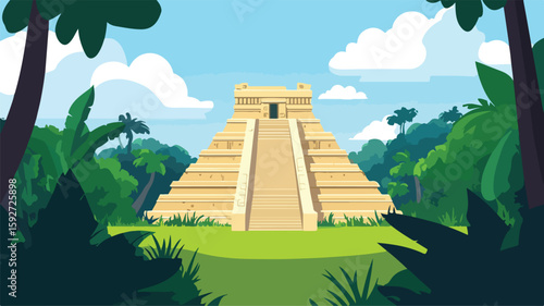 Exploring Ancient Mayan Pyramid in Jungle Ruins - Simple Flat Design