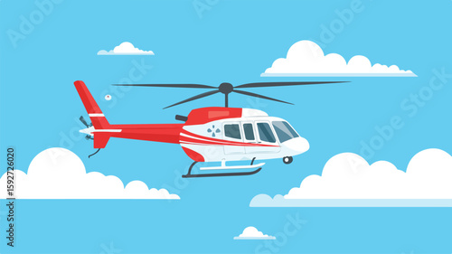 Professional Medical Helicopter Flying in Sky - Simple Flat Design