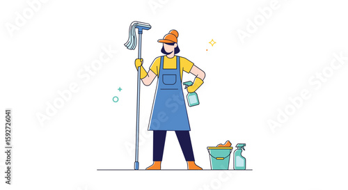 Professional cleaner with mop ready for sparkling bright and shiny home results