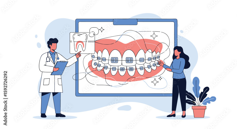 Naklejka premium Orthodontic treatment explained by dentist discussing dental health with patient for beautiful smiles