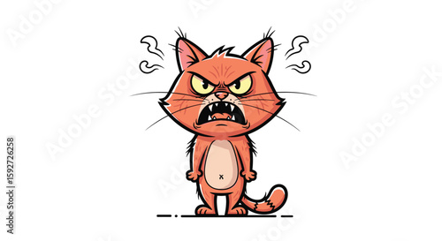 Furious feline cartoon character standing angrily with bared teeth and steam coming from ears