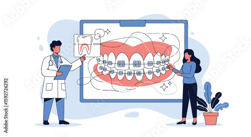Orthodontic treatment explained by dentist discussing dental health with patient for beautiful smiles