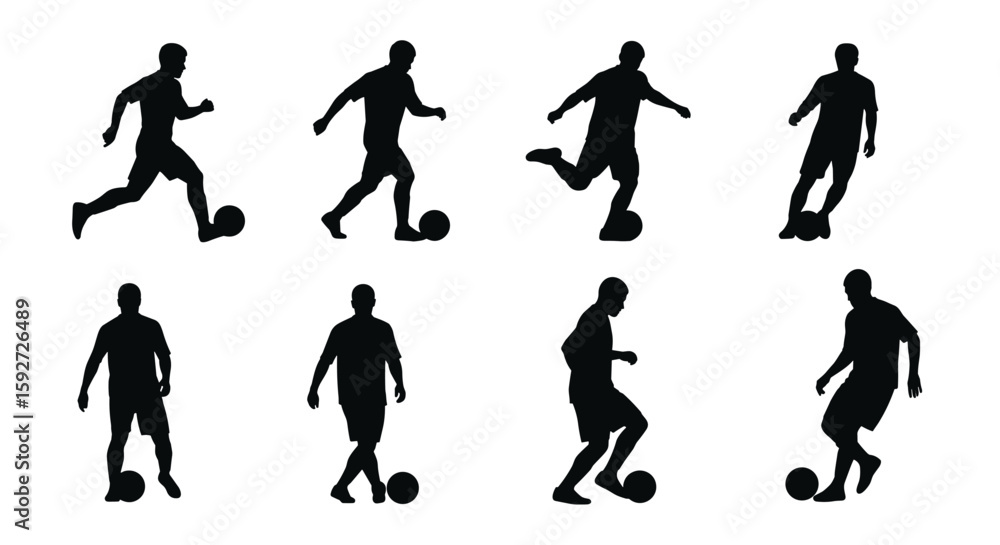 Eight athletic male athletes practicing football kicking dribbling passing and shooting Eight athletic male athletes practicing football kicking dribbling passing and shooting