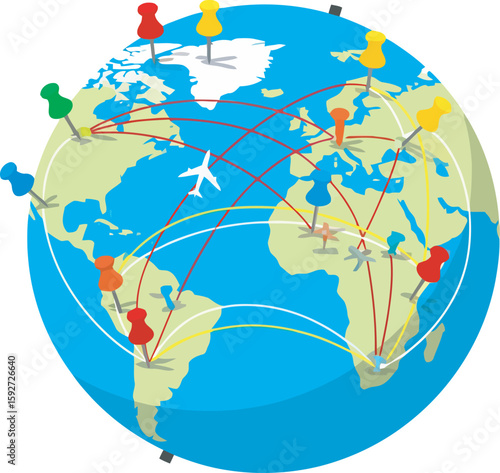 Globe illustration showing interconnected locations with pins and flight paths, symbolizing global connections and travel.