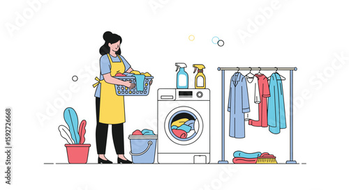 A woman doing laundry with washing machine and drying rack full of clothes