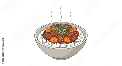A flavorful bowl of savory meat and rice topped with fresh green onions and spices