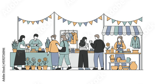 Vibrant community gathering celebrating local artisans and handcrafted goods outdoor market scene