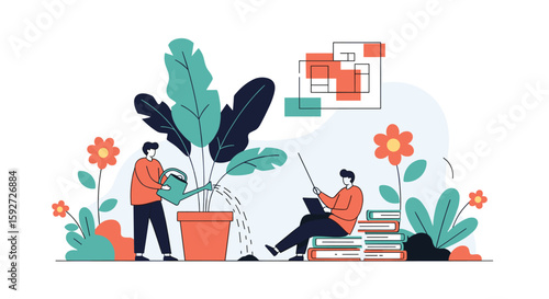 Illustration of two people tending to a large potted plant with books and flowers around them showcasing a learning and growth environment