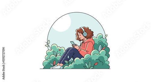 Young person relaxing outdoors listening to music on phone amongst greenery and sunlight