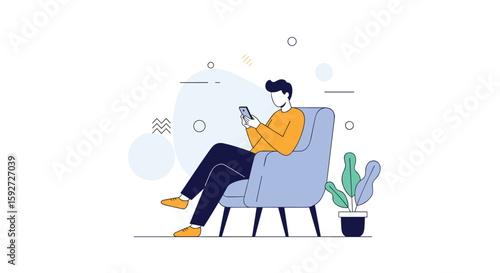 Modern minimalist illustration of a man relaxing on a chair using his smartphone