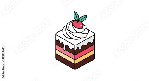 Delicious layered chocolate cake with whipped cream and cherry on top
