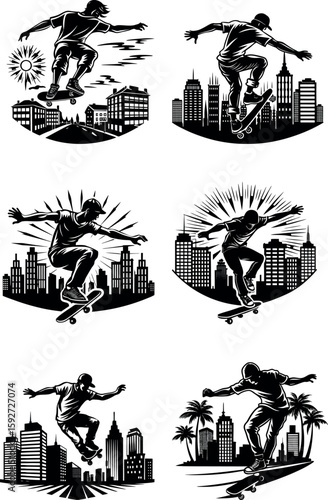 Skateboarder jumping in a city street scene at sunset Vector Design