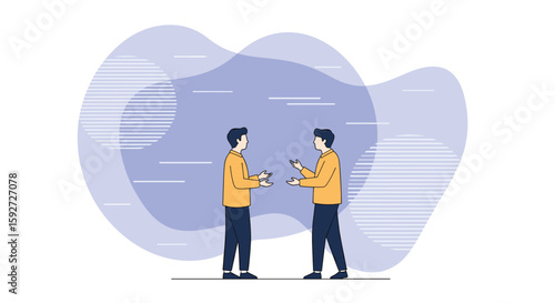 Two people holding hands and sharing ideas with colorful abstract background and horizontal lines