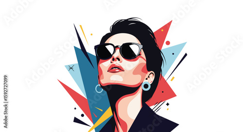 Stylish woman with sunglasses and geometric background modern retro art style