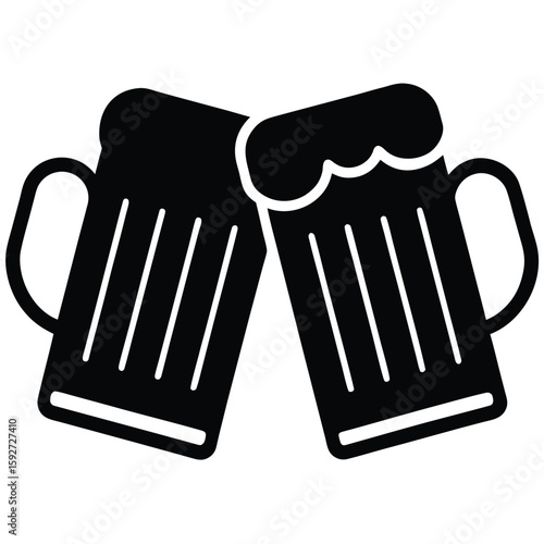 Two black beer mugs clinking toast celebration